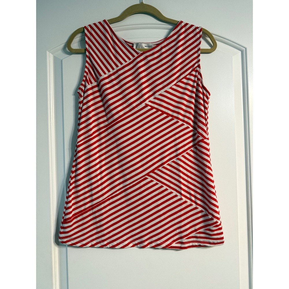 Haani Striped Tank Top Large Red White Asymmetrical Knit Sleeveless Nautical